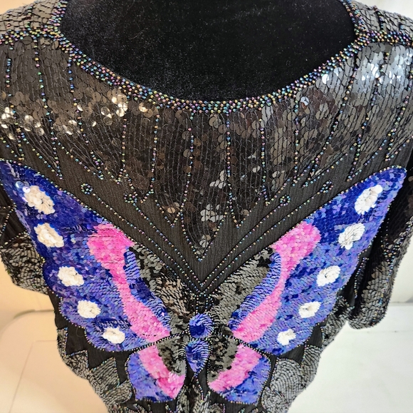 Vintage Sho Max Sequin Butterfly Blouse Black with Pink and Blue Size Small - Picture 5 of 11